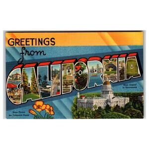 Vintage Greetings California Large Letter Linen Postcard Tichnor 1940s